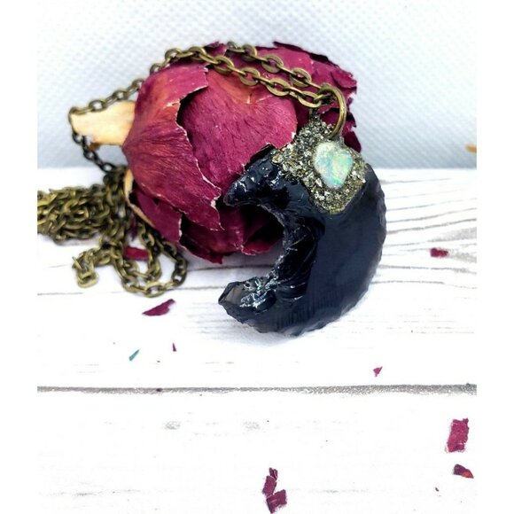 Obsidian and opal moon pyrite encrusted Necklace - Picture 6 of 10